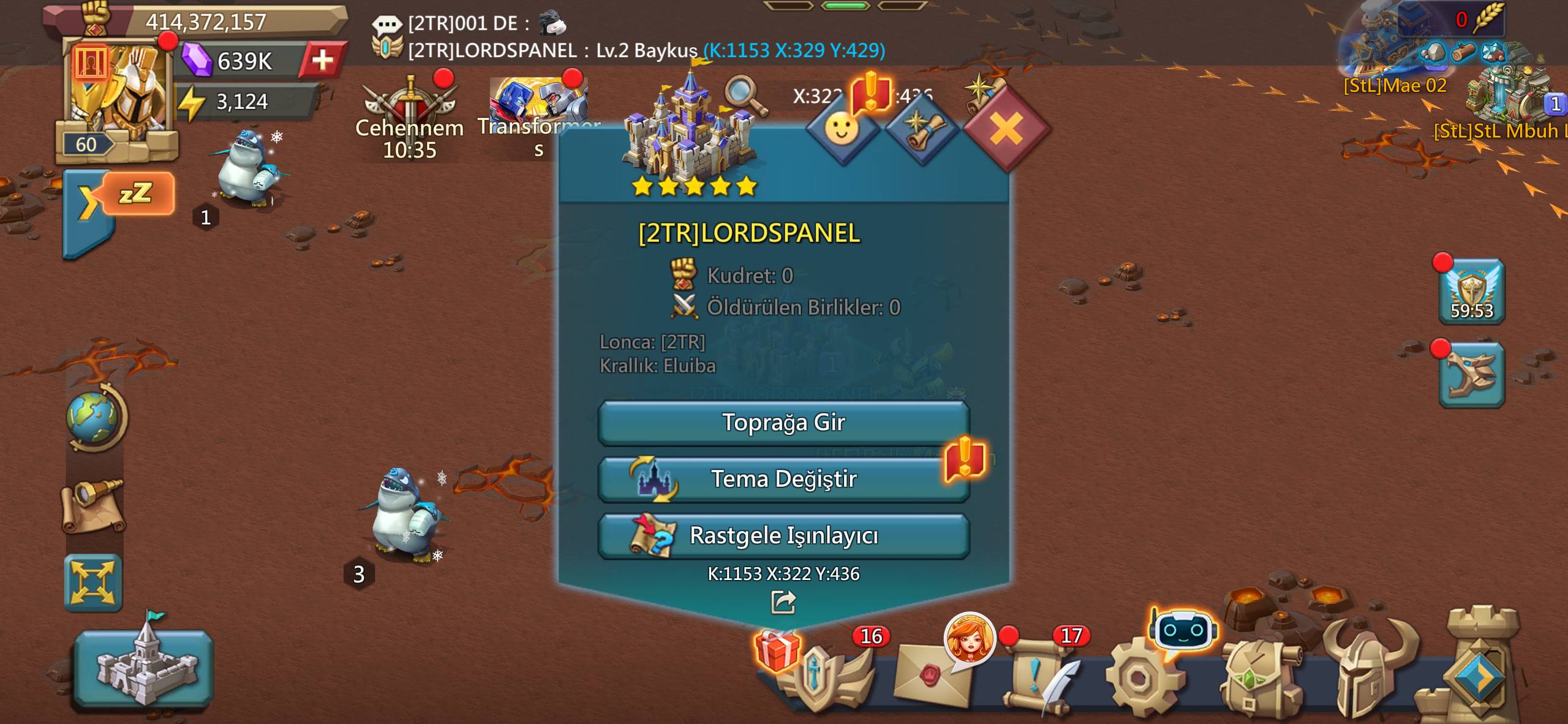 Скриншот замка королевства в Lords Mobile с отмеченным местоположением K:1153 X:322 Y:436